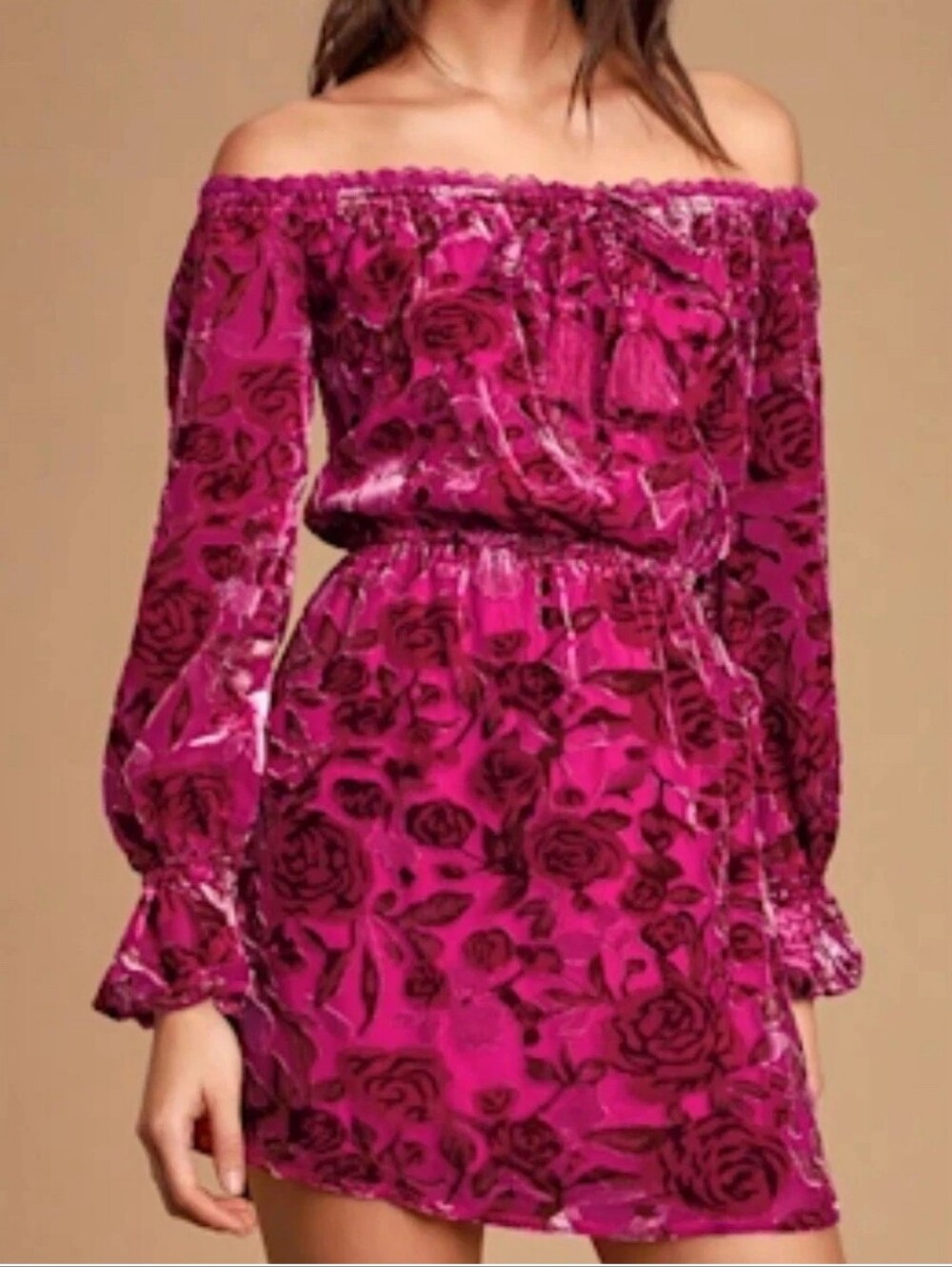 Lulus size M Stolen Kisses Floral Velvet Burnout Dress Off-the-Shoulder